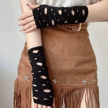Black cutout arm warmers with oval openings, fingerless long sleeves