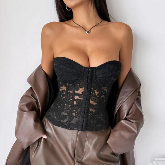 Black lace corset with sweetheart neckline and front zipper detail, strapless silhouette