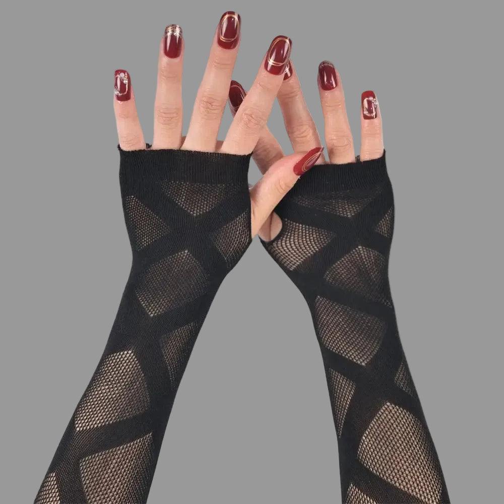 Black fingerless fishnet gloves, diamond lattice pattern, open fingers, cuffed wrists