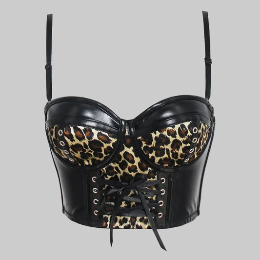 Black leather and leopard print corset on a white background