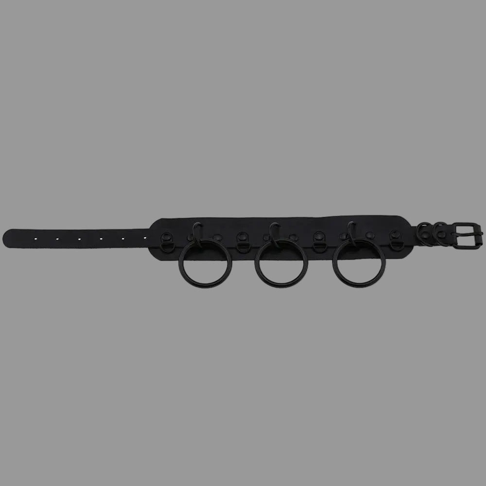 Black gothic choker strap with three O-rings and side clips, flat view