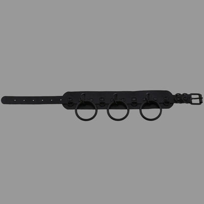 Black gothic choker strap with three O-rings and side clips, flat view