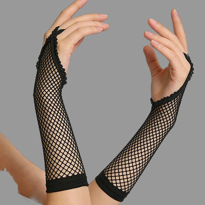 Black fishnet lace gloves with ruffled cuffs, shown on bent arms