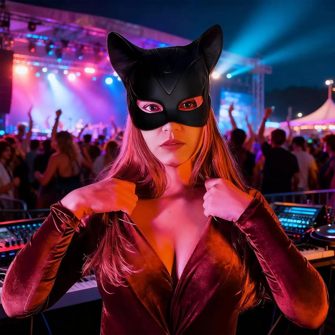 Black cat-eared eye mask with cutouts, paired with red velvet gloves and sleeves