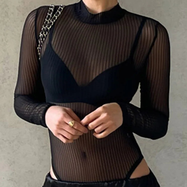 Black sheer striped bodysuit with turtleneck and long sleeves, fitted waist cut