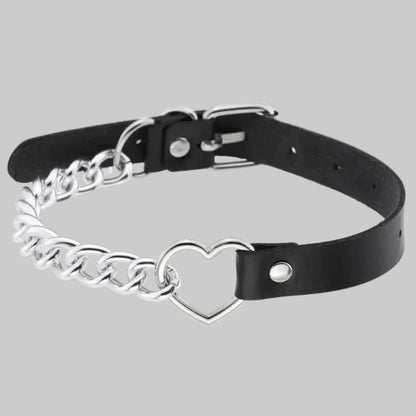 Heart pendant leather-look choker with silver-tone chain and buckle closure