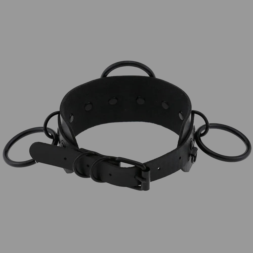 Black gothic choker with adjustable buckle and O-ring accents on side