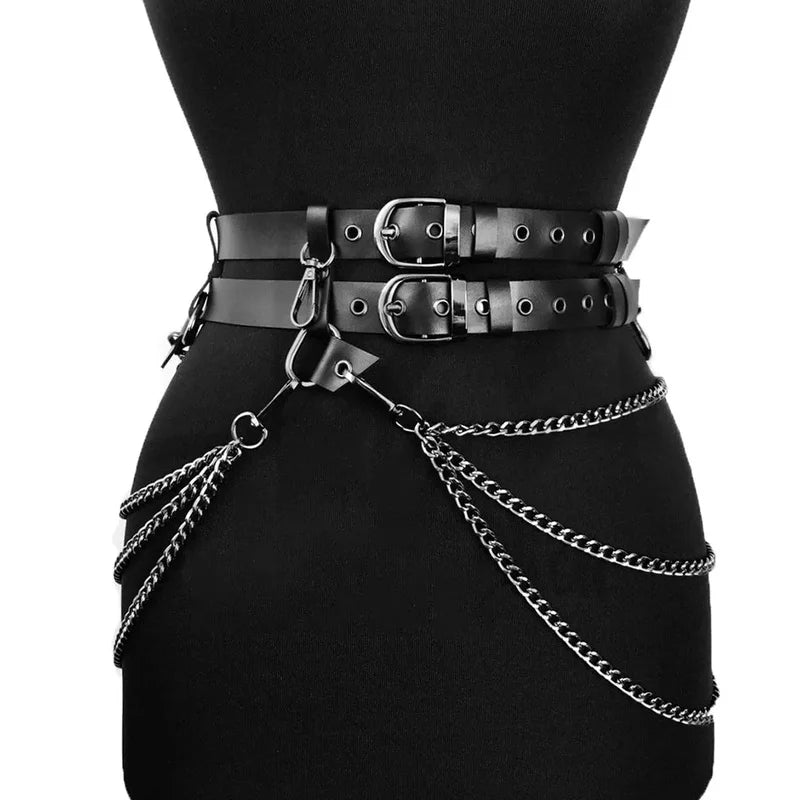 Black double-buckle chain waist belt with multiple silver chains and grommets