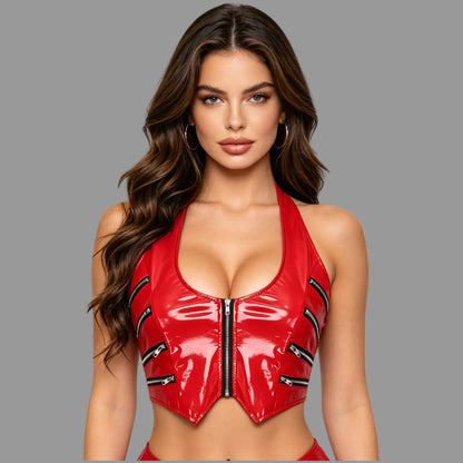 Red glossy halter crop top with front zipper and pointed bust panels