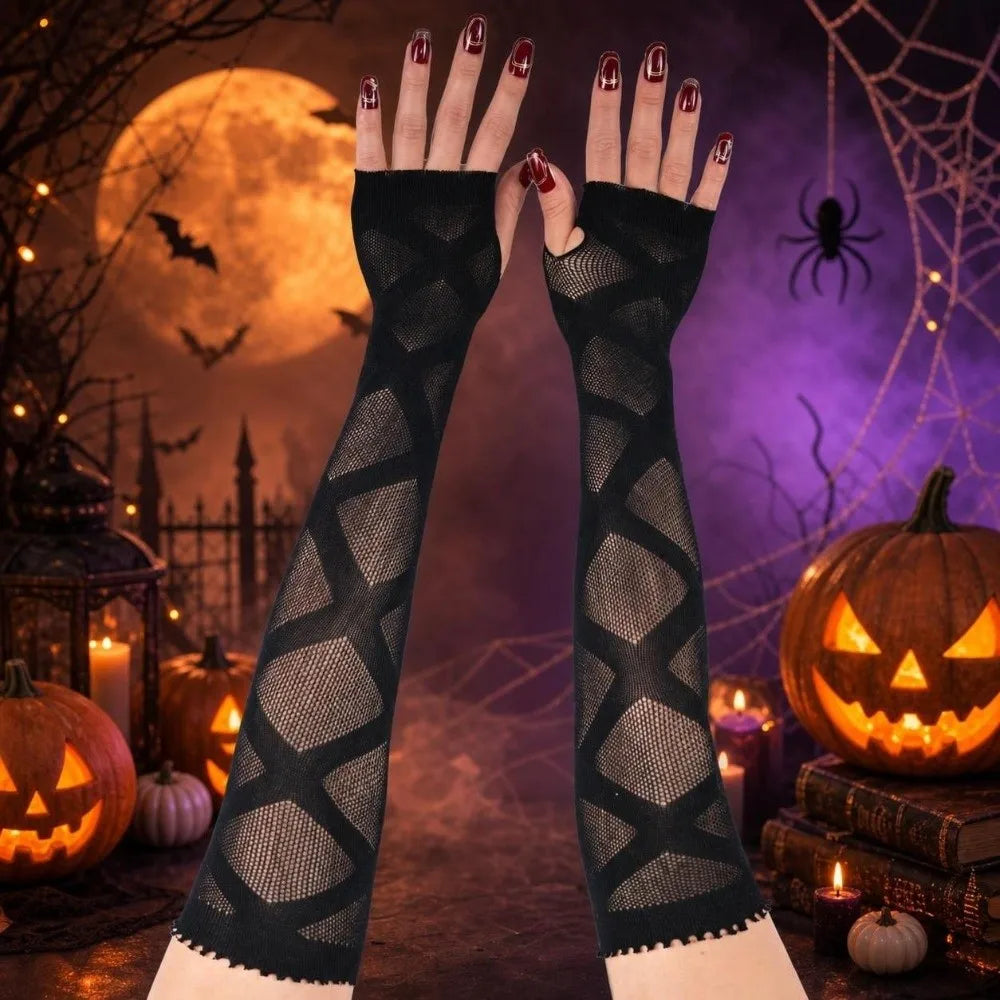 Long black fingerless fishnet gloves with diamond lattice panels and scalloped cuffs