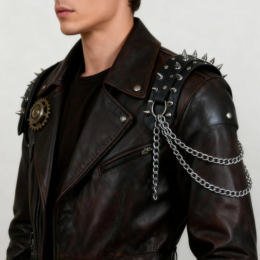 Darkvolt leather harness with spiked shoulder panel, metal ring, and layered chain straps