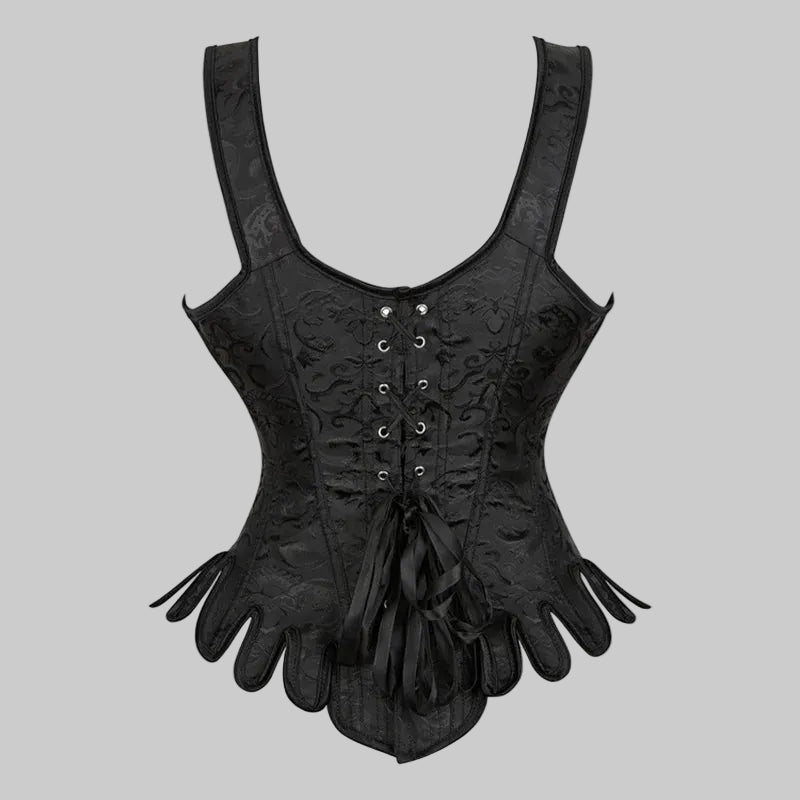 Black corset with lace details and gloves on a white background