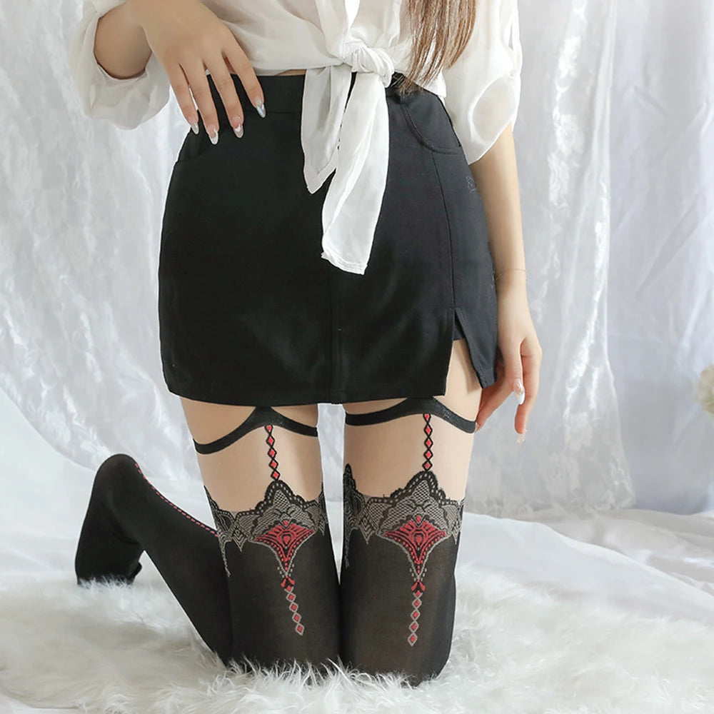 Black mini skirt with lace-trim garter stockings and red diamond stitching