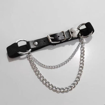 Black leather choker with double silver chain and buckle clasp, side rings