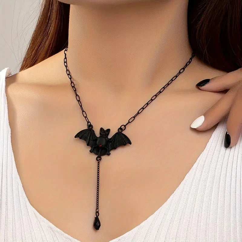Black bat charm Y-necklace with long chain drop