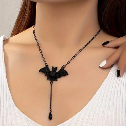 Black bat charm Y-necklace with long chain drop
