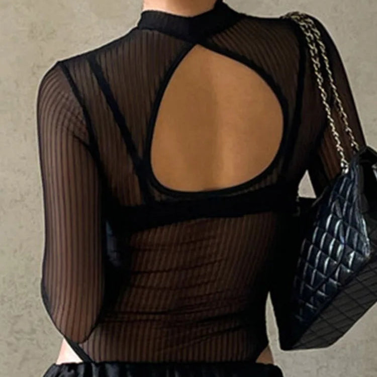 Black sheer striped bodysuit with open scoop back and long sleeves, fitted front