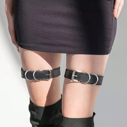 Black thigh strap garters with O-ring hardware and adjustable buckles
