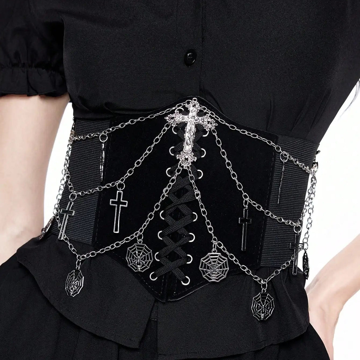 Black corset-style belt with silver chain veil and cross, spiderweb, dagger charms