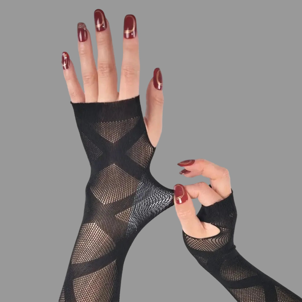 Black fingerless fishnet gloves with diamond mesh panels and scalloped cuffs on hands