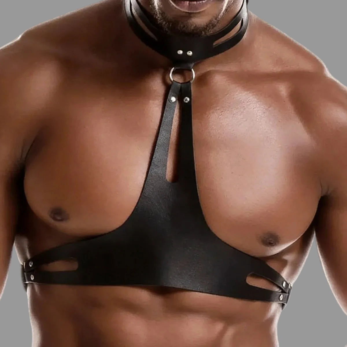 Black leather halter harness bra with front straps and ring details