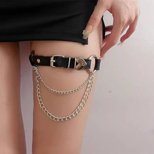 Black faux-leather waist harness garter with silver chain and buckle rings