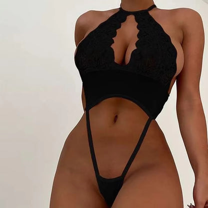 Black lace halter teddy with scalloped neckline and open back garter straps