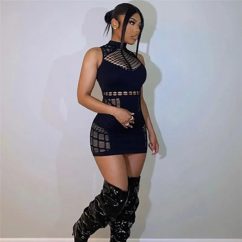 Black sleeveless mesh teddy with high neck and patterned cutouts