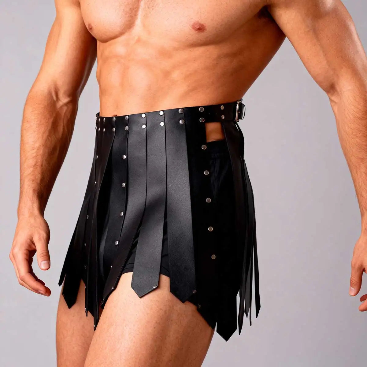 Black studded waist kilt with layered hanging panels and metal button details