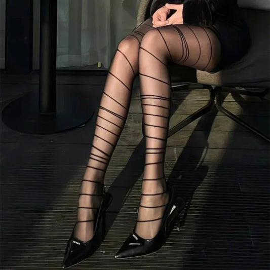 Black sheer tights with horizontal stripe bands and fine grid pattern