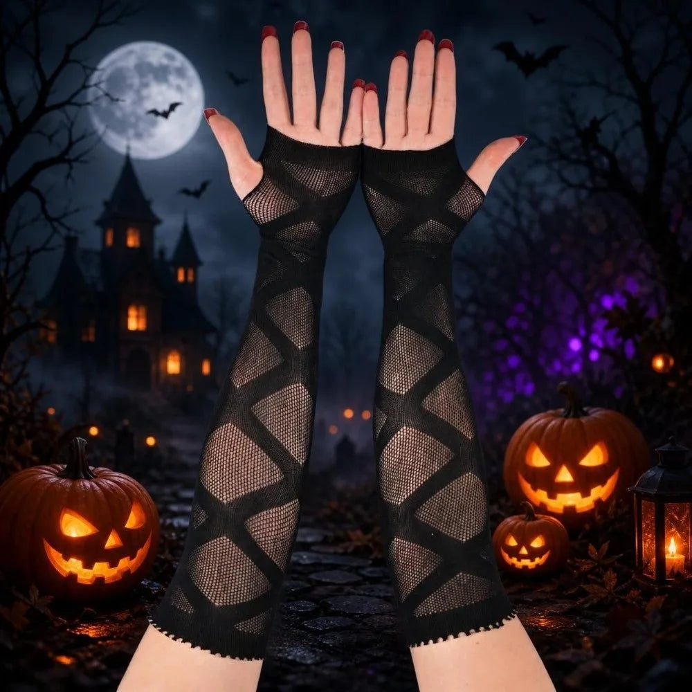 Long black fingerless gloves with diamond mesh panels and scalloped cuffs on both hands