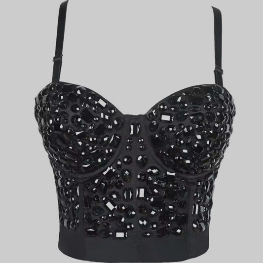 Black beaded crop top on a white background