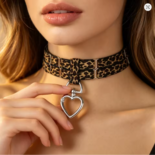 Leopard lace garter strap choker with silver heart charm buckle