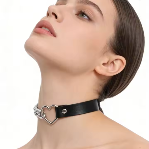 Heart pendant choker: black band with silver-tone chain and heart detail at front