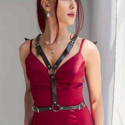 Zelvique Darkflight harness with black shoulder wings, chest V straps, silver buckles, burgundy dress