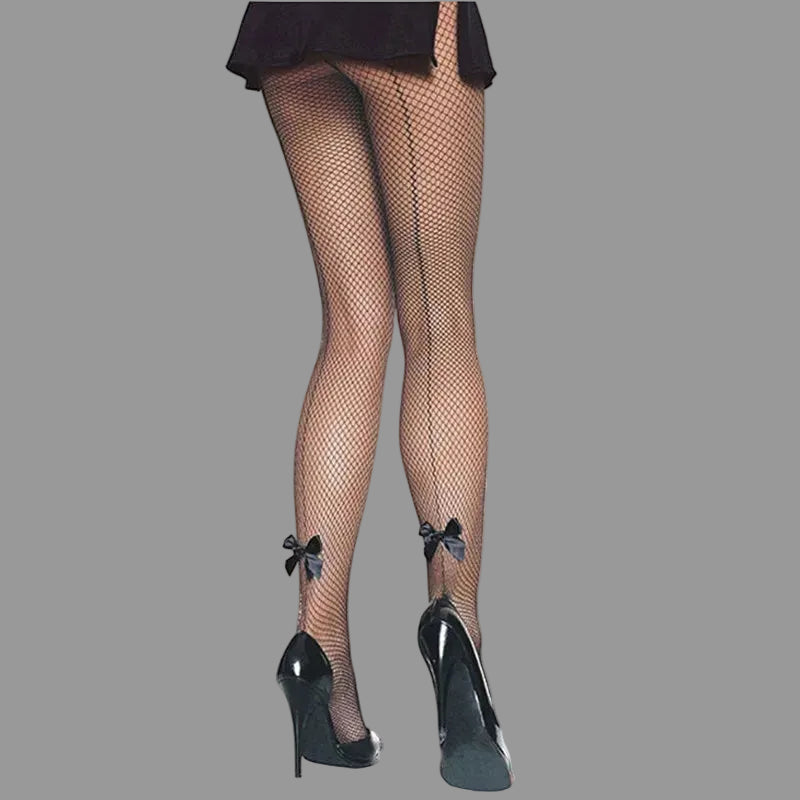 Black lace fishnet stockings with black bow garters