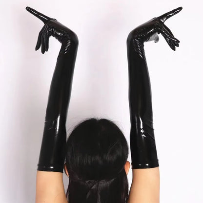 Glossy black long gloves with open fingers, arms raised
