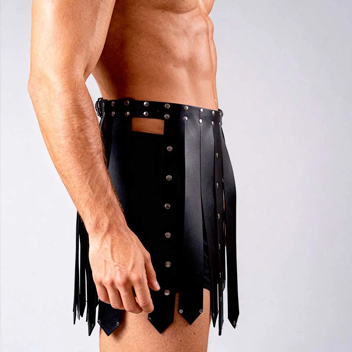 Black studded waist kilt skirt with long hanging straps and metal button accents
