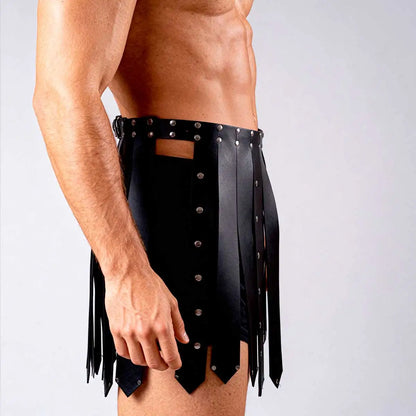 Black studded waist kilt skirt with long hanging straps and metal button accents