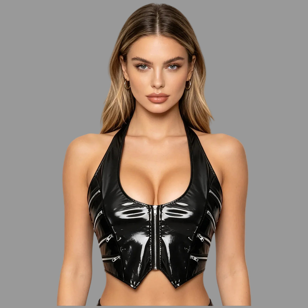 Black glossy halter crop top with front zipper and pointed bust panels