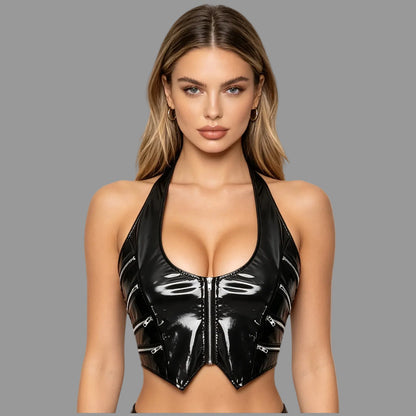 Black glossy halter crop top with front zipper and pointed bust panels