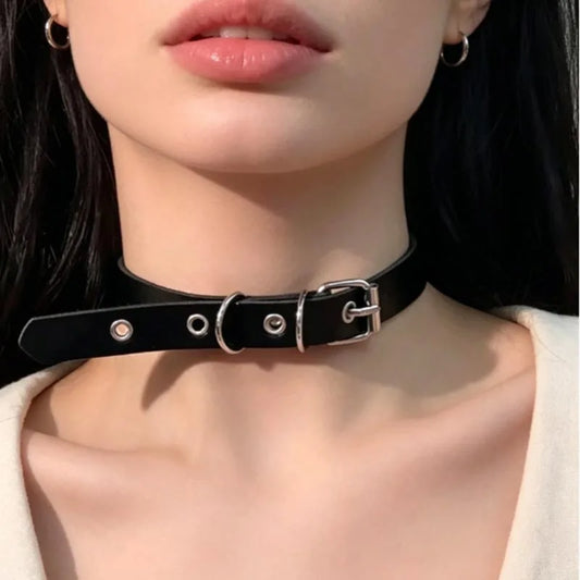 Black leather choker collar with silver buckle and O-ring hardware