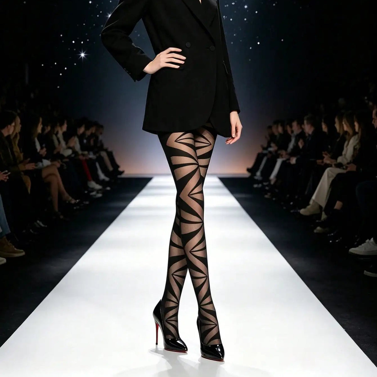 Black sheer tights with geometric nude design, full-length view on model