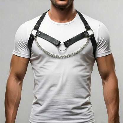 Men's white short-sleeve T-shirt with black harness straps and silver chain necklace