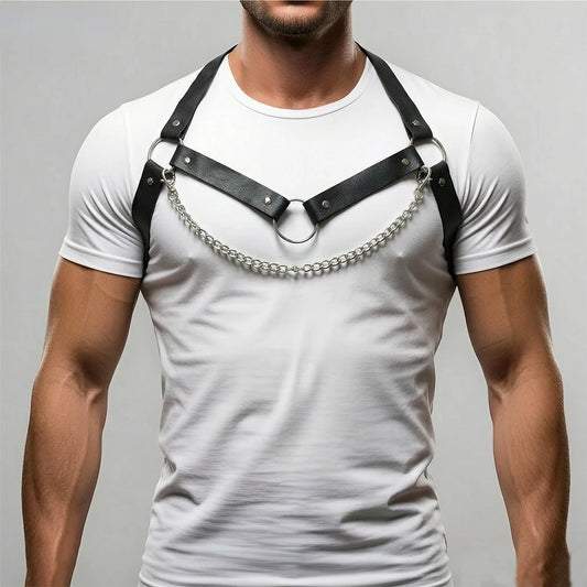 Men's white short-sleeve T-shirt with black harness straps and silver chain necklace