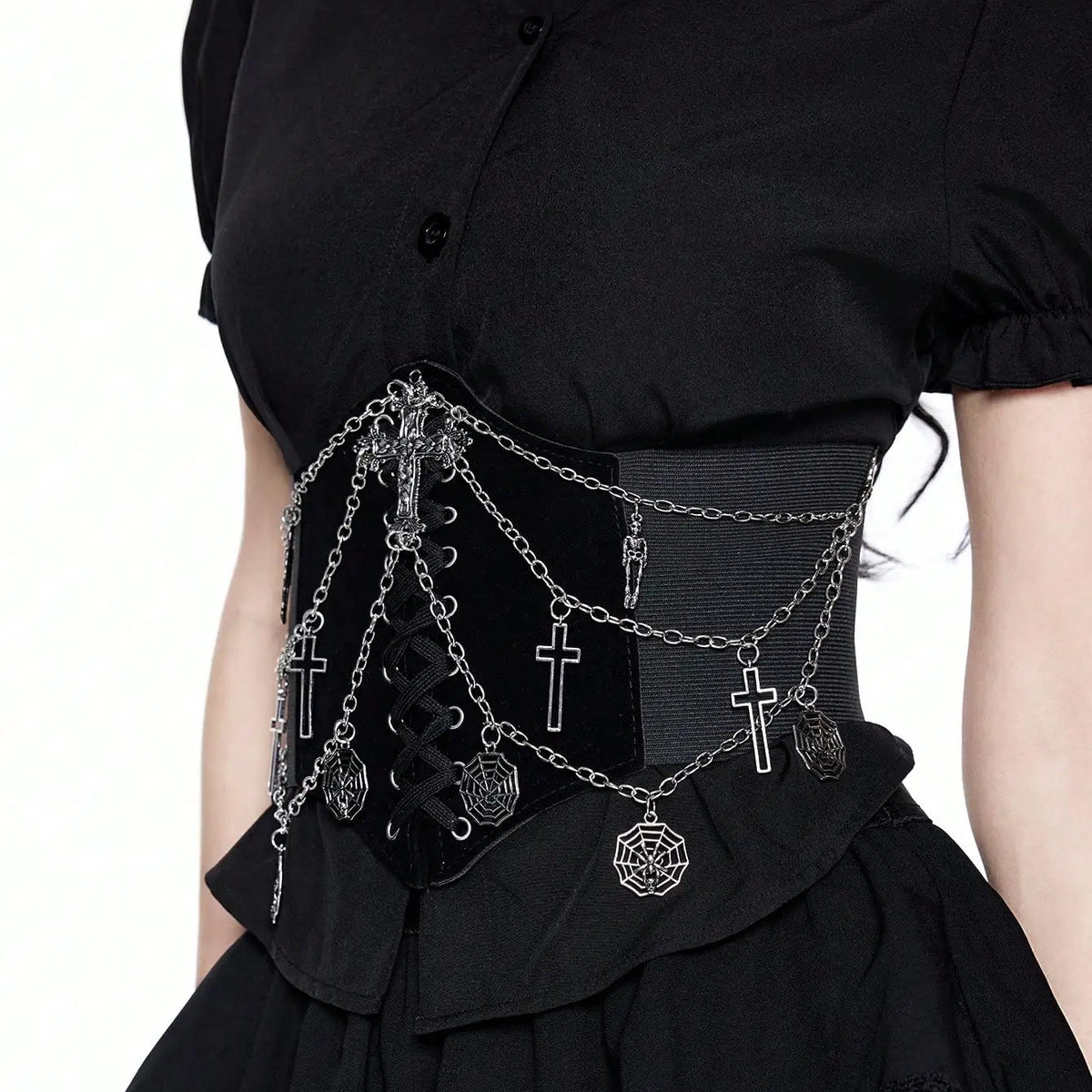 Black dress belt with silver chain veil and hanging cross and dagger charms at waist