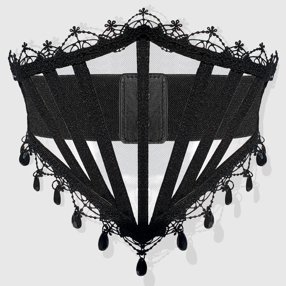Black corset-style waist cinch with striped mesh and lace scalloped edges