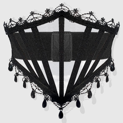 Black corset-style waist cinch with striped mesh and lace scalloped edges