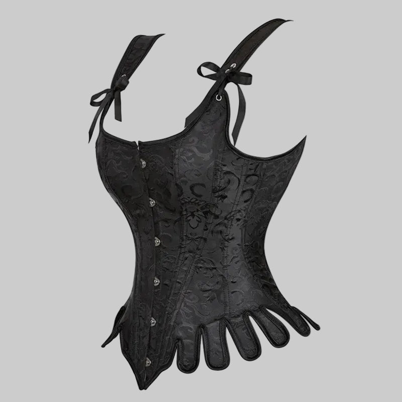 Black lace corset with decorative straps on a white background