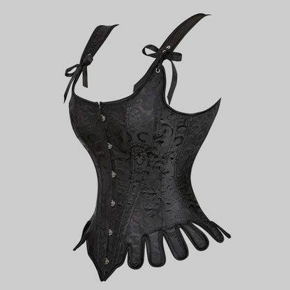 Black lace corset with decorative straps on a white background